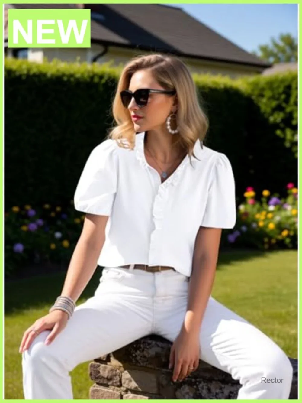 Puffy Sleeve Button Down Ruffle Blouse Work Top - Picture 5 of 6